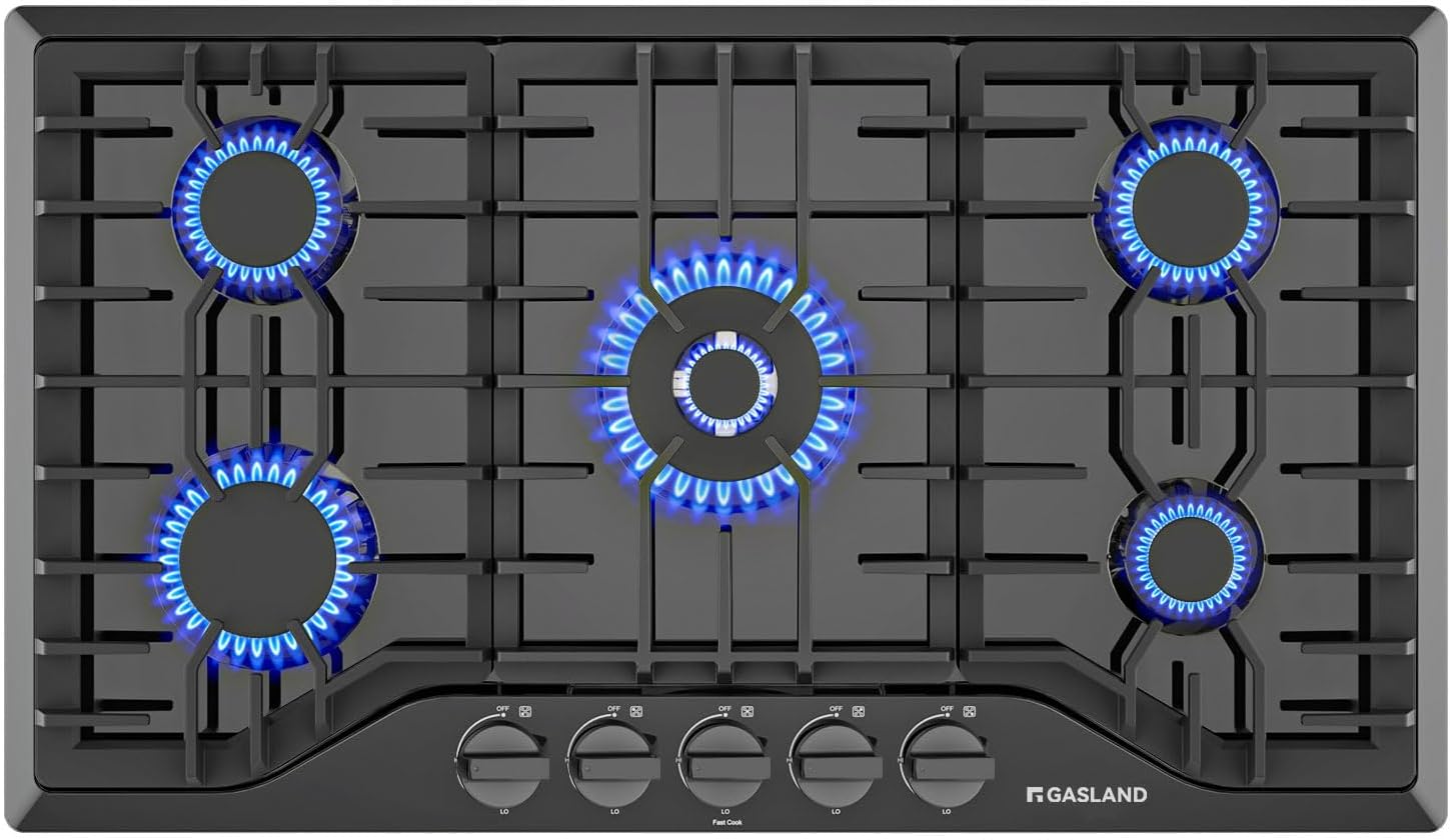 AmazoGASLAND PRO 36-Inch 5-Burner Built-In Gas Cooktop – Black Enamel Surface, Dual Fuel Convertiblen