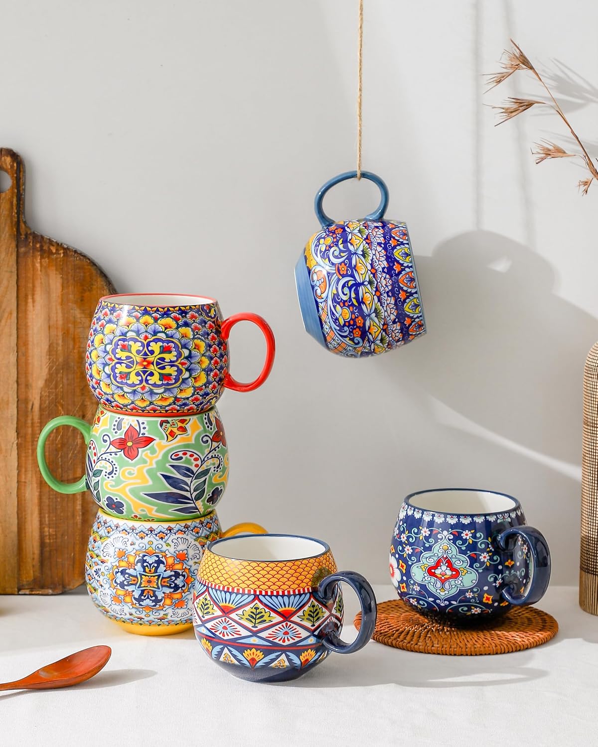 Boho Ceramic Coffee Mugs – Set of 6