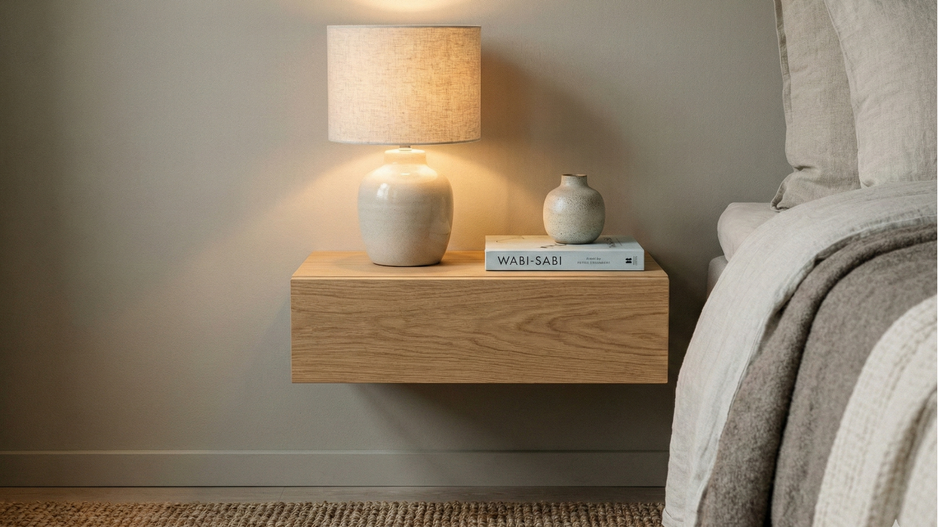 Minimalist floating nightstand with simple decor in Scandinavian bedroom