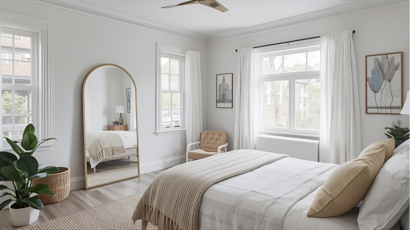 Small bedroom with strategically placed mirror to enhance natural light