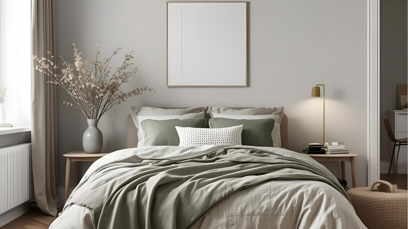 Warm Scandinavian bedroom with natural wood furniture and soft neutral tones