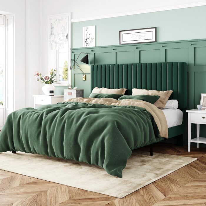 Allewie Queen Bed Frame, Velvet Upholstered Platform Bed with Adjustable Vertical Channel Tufted Headboard, Mattress Foundation with Strong Wooden Slats, Box Spring Optional, Easy Assembly, Green