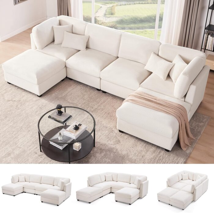 125 Inch Oversized Corduroy Modular Sectional Sofa, U Shaped Modular Couch with Storage, 6 Seat Convertible Corduroy Couch, Comfy Sectional Couches for Living Room with Memory Foam, Beige