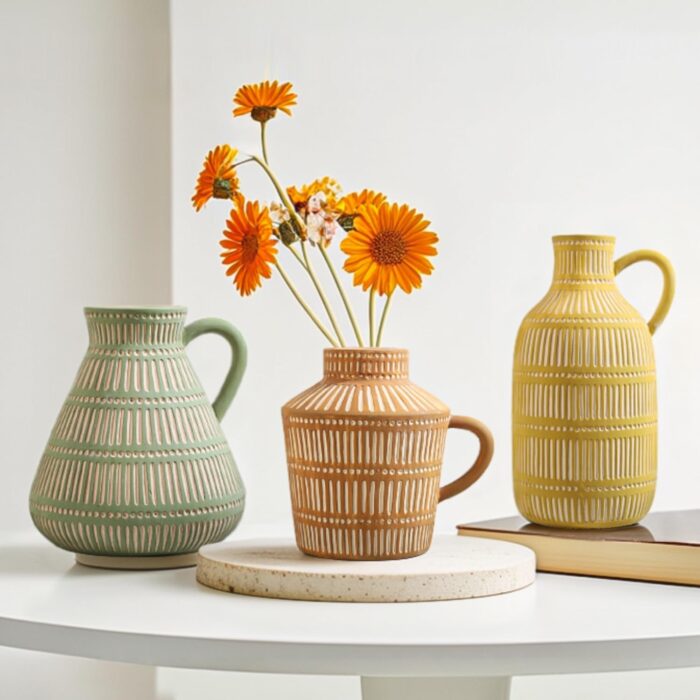 Boho ceramic vase set of 3 in yellow, brown, and green with hand-drawn patterns – ideal for shelf or table styling