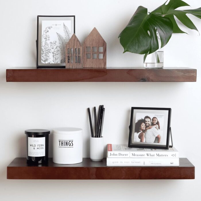 Homeforia Rustic Farmhouse Floating Shelves, Bathroom Wooden Shelves for Wall Mounted, Thick Industrial Kitchen Wood Shelf - 24 x 6.5 x 1.75 inch - Set of 2 - American Walnut Color