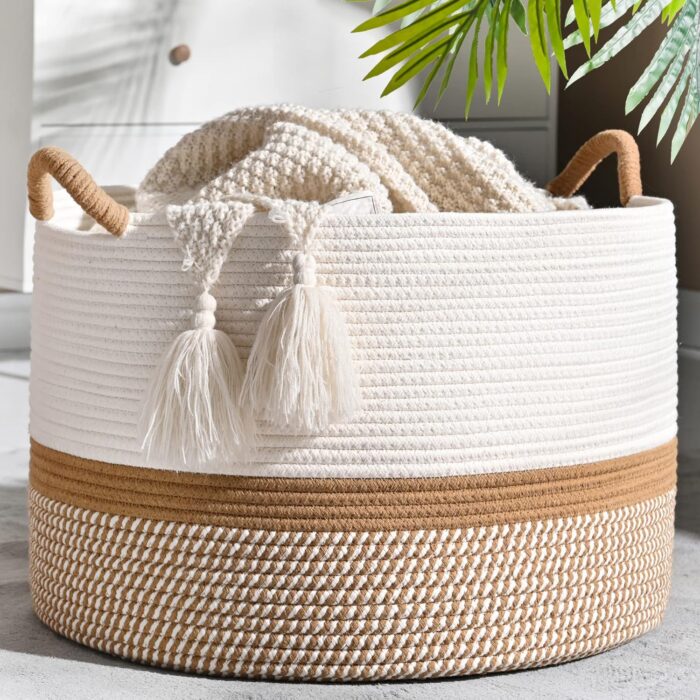 KAKAMAY Large Blanket Basket (20x13),Woven Baskets for storage Baby Laundry Hamper, Cotton Rope Blanket Basket for Living Room, Laundry, Nursery, Pillows, Baby Toy chest (White:Brown)