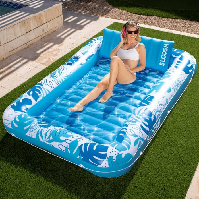 SLOOSH Inflatable Tanning Pool Lounger Float, 85 x 57 Extra Large Pool Floats Adult with Pillow, 4 in 1 Suntan Tub Raft Floatie,Sunbathing Bed Lounge for Water Blow Up Ball Pit Party Gifts, XL-Blue