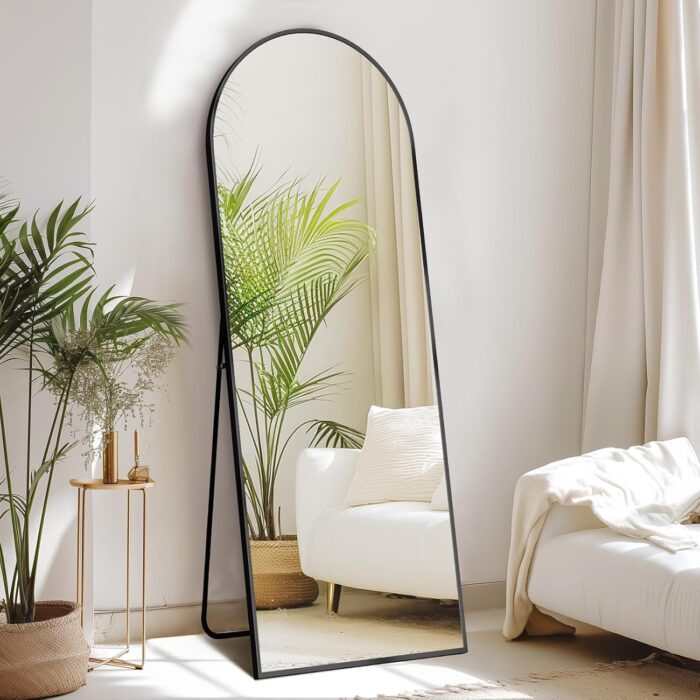 Sweetcrispy 64x21 Arched Full Length Mirror, Standing or Leaning Full Body Mirror with Aluminum Alloy Thin Frame, Suitable for Bedroom or Cloakroom,Black