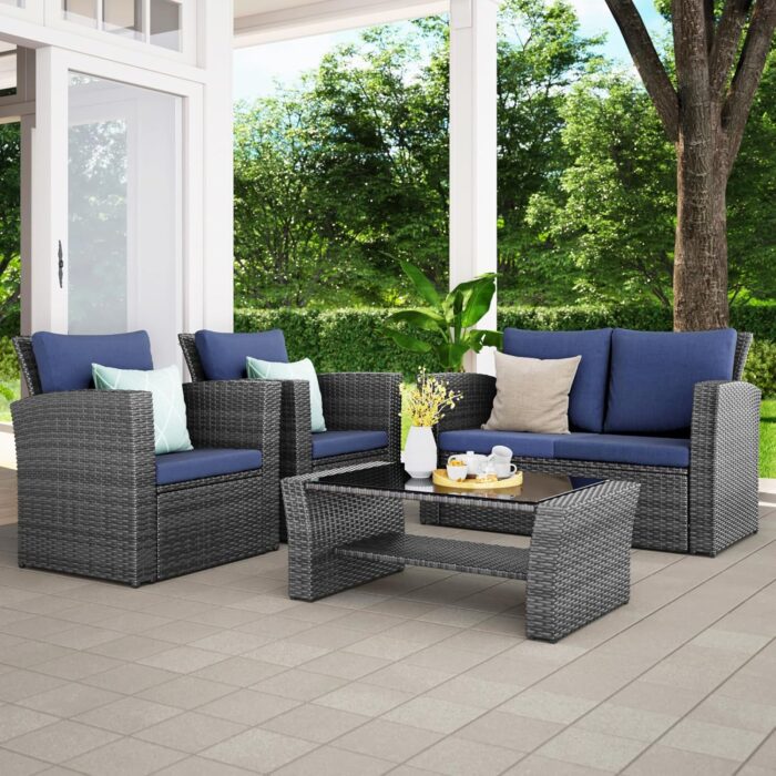 Wisteria Lane 4 Piece Outdoor Patio Furniture Sets, Wicker Conversation Set for Porch Deck, Grey Rattan Sofa Chair with Cushion