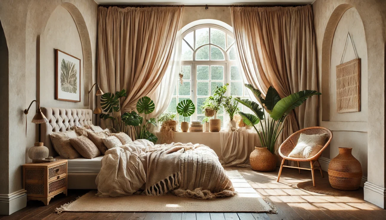 Cozy boho home decor. bedroom with arched windows, neutral curtains, layered textiles, and indoor plants.