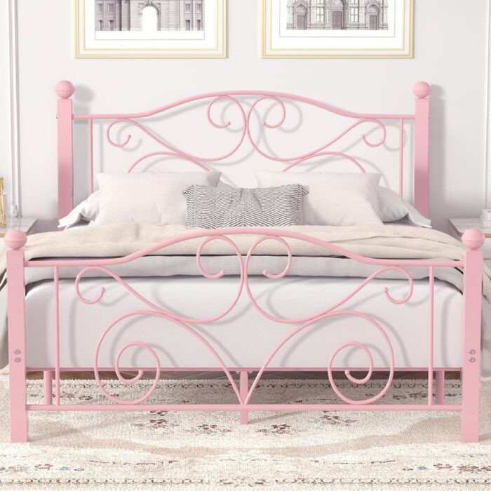 Pink metal bed frame with headboard and footboard by VECELO, full size