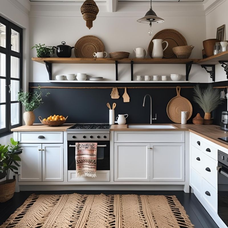 Modern black and white kitchen design with stainless steel appliances and gray accents.