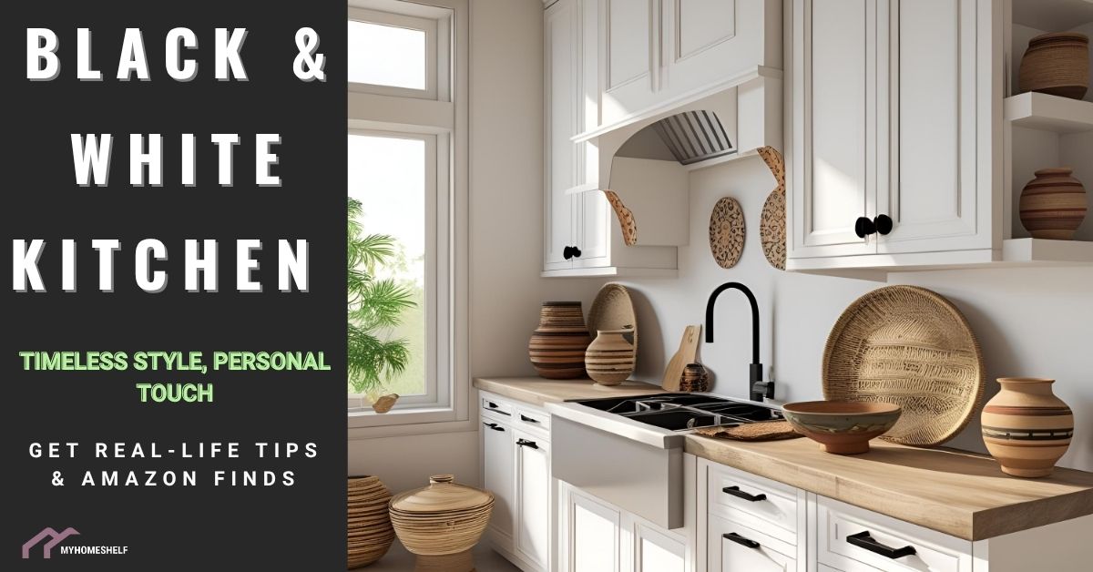 Modern black and white kitchen design ideas with wood accents, open shelves, and woven decor.
