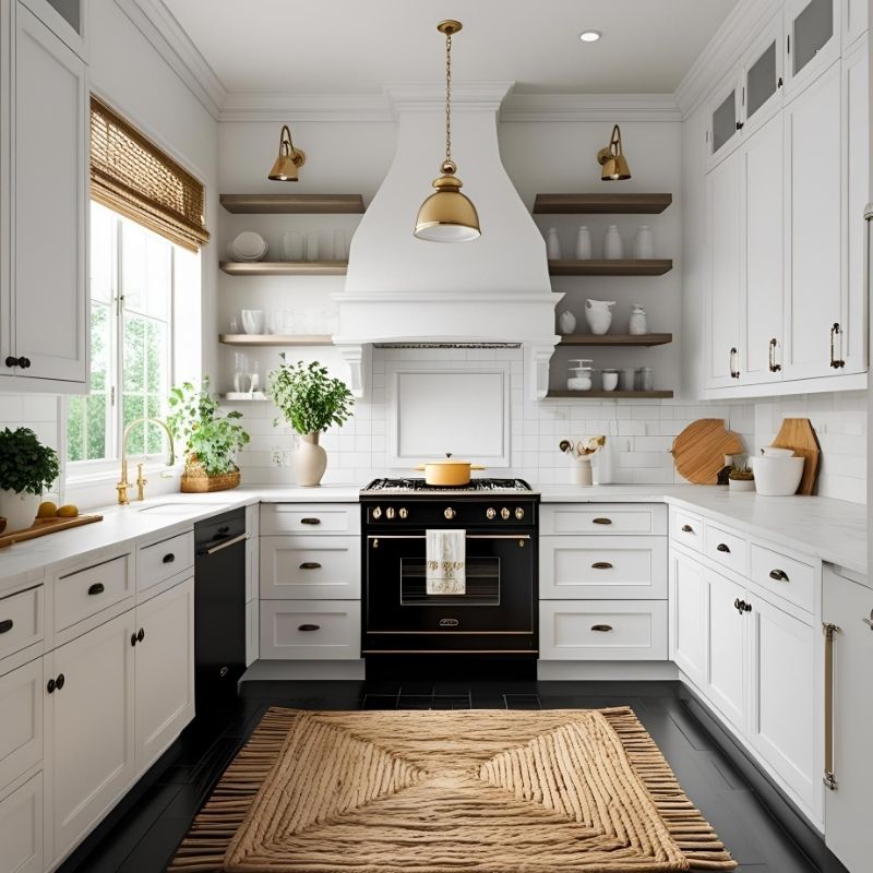 Classic white and black kitchen with gold pendant lighting, open wood shelves, woven rug, and green plants for a fresh and cozy look.