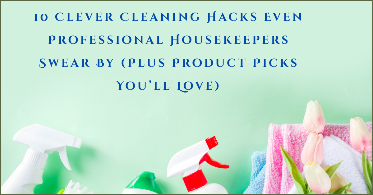 Cleaning products with towels and tulips on a pastel background – blog header for 10 cleaning hacks professional housekeepers use