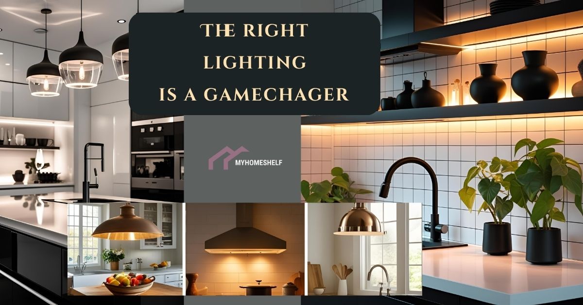 Kitchen lighting ideas collage: pendant lights, LED shelf lighting, and modern black and white fixtures.
