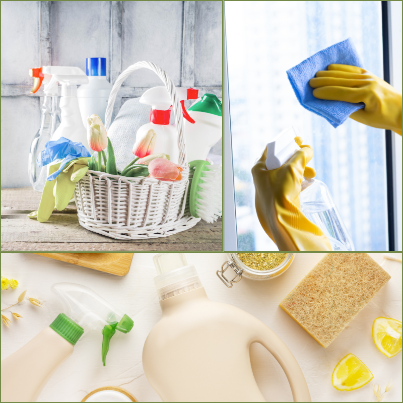 Collage of spring cleaning supplies including spray bottles in a white basket with tulips, gloved hands cleaning a window with a cloth, and eco-friendly cleaning products with lemon and sponge
