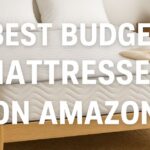 Minimalist bedroom with a budget mattress on a wooden frame, styled with neutral bedding – banner for best budget mattresses on Amazon in 2025.
