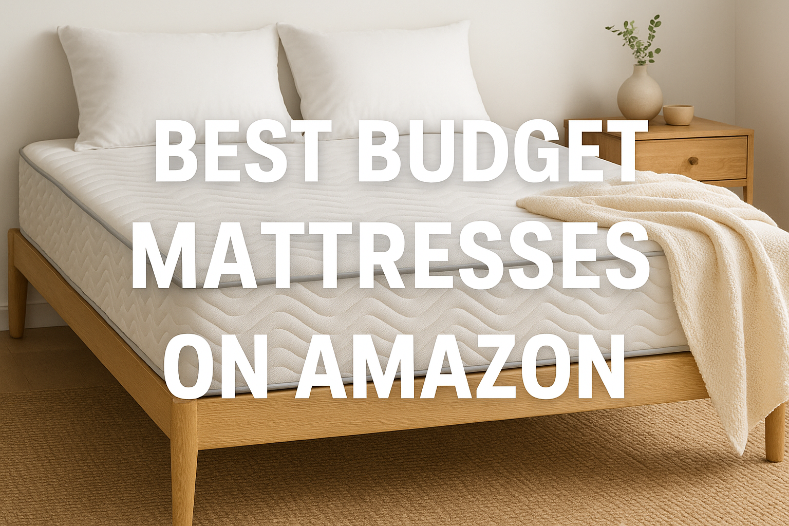Minimalist bedroom with a budget mattress on a wooden frame, styled with neutral bedding – banner for best budget mattresses on Amazon in 2025.