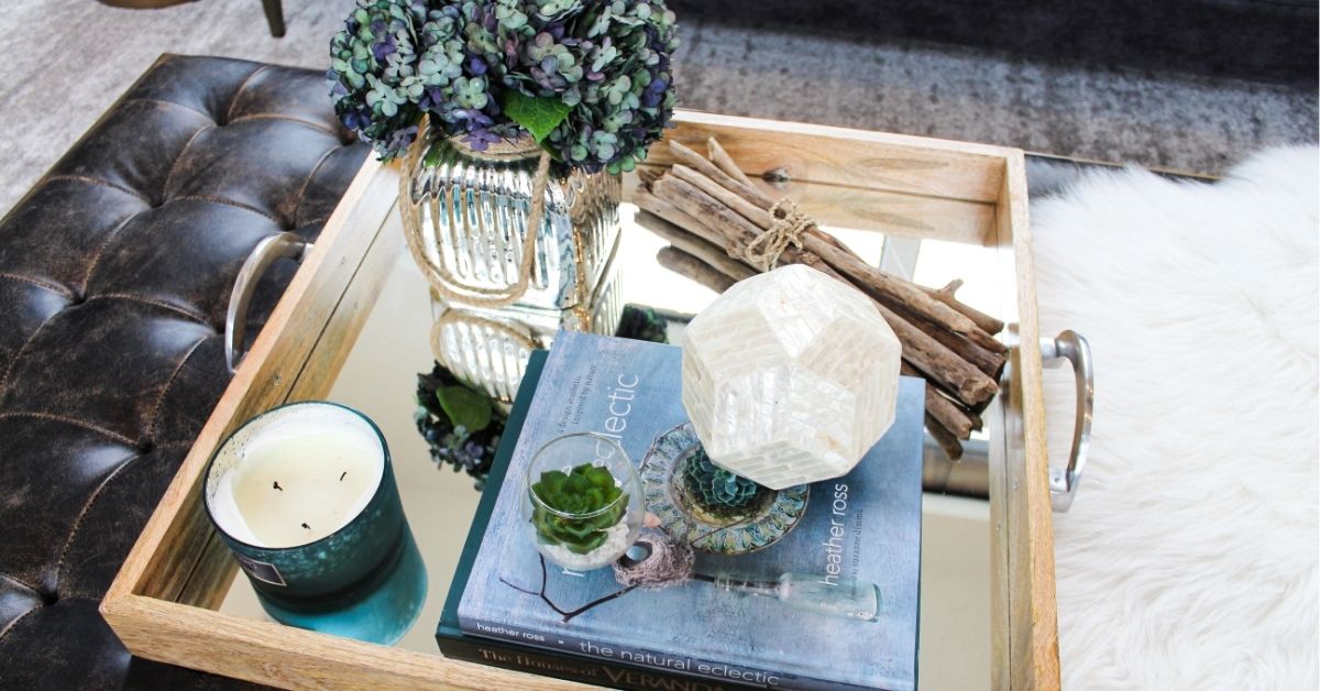 coffee table with books and flowers