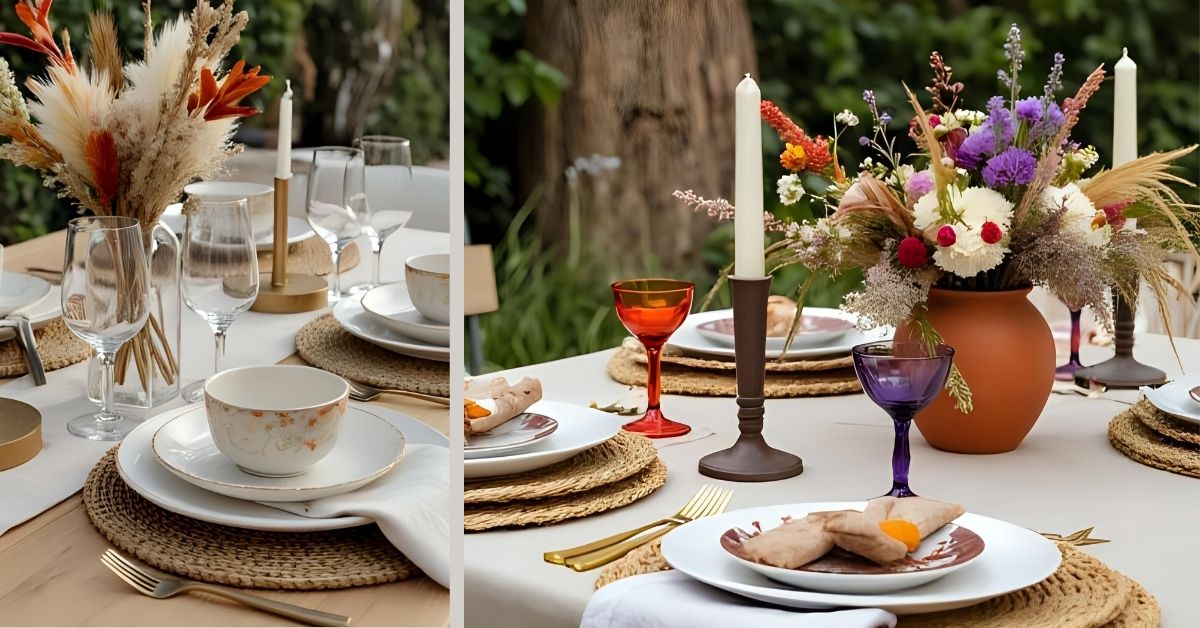 Boho table setting with pampas grass centerpiece and mixed textures