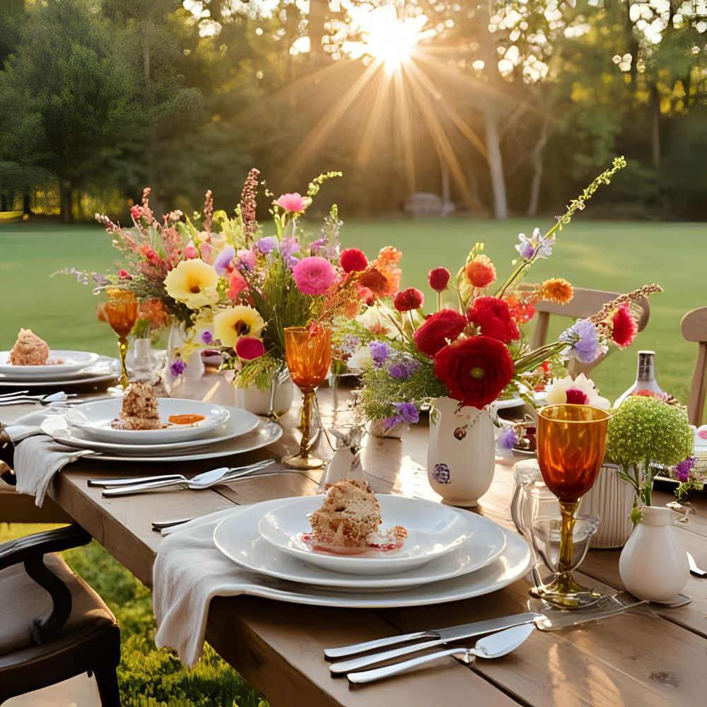 Summer brunch table setting ideas - garden fresh style with pink roses and elegant dinnerware