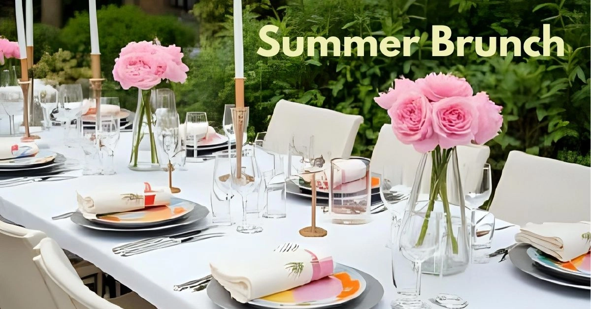 Summer brunch table setting with pink roses, white plates, and glass vases on white tablecloth