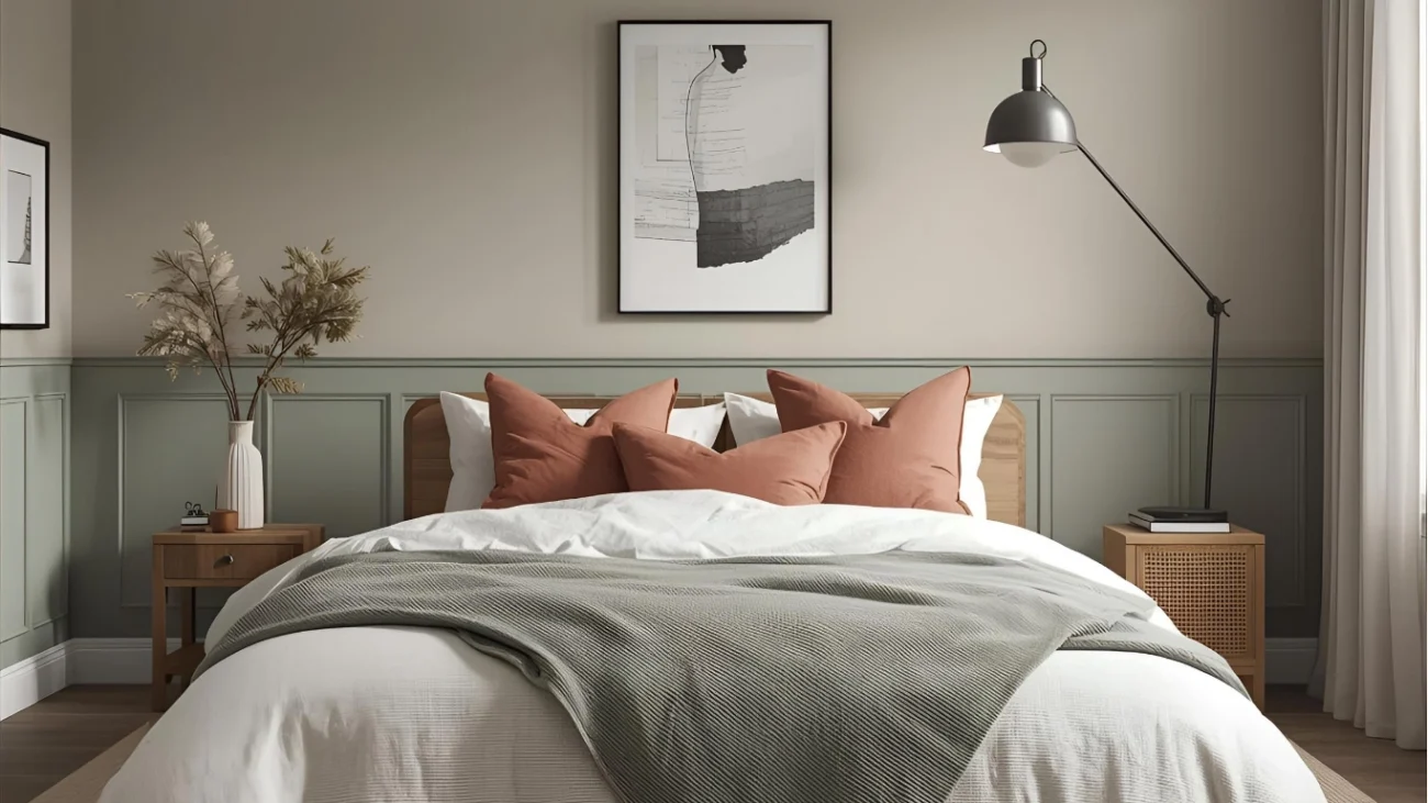 Small Scandinavian bedroom featuring warm beige walls, a low-profile wooden bed, and soft linen bedding