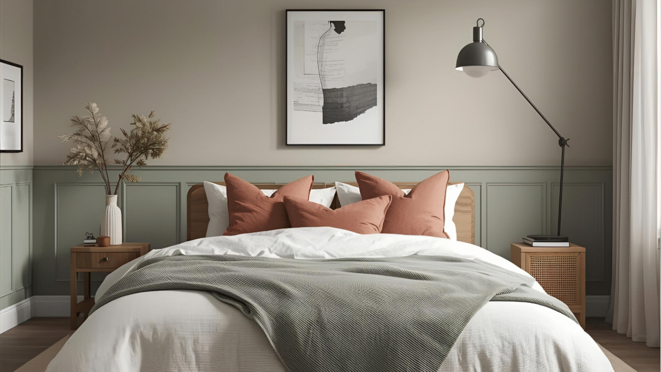 Small Scandinavian bedroom featuring warm beige walls, a low-profile wooden bed, and soft linen bedding