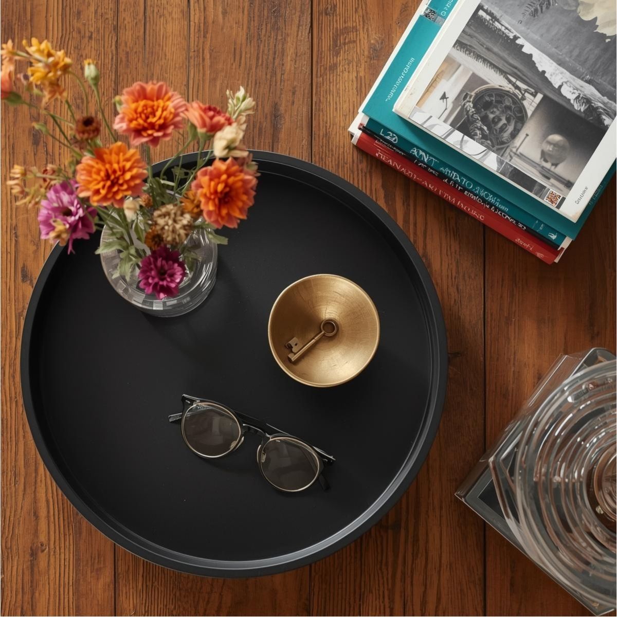 Small apartment organization with ceramic tray for everyday items