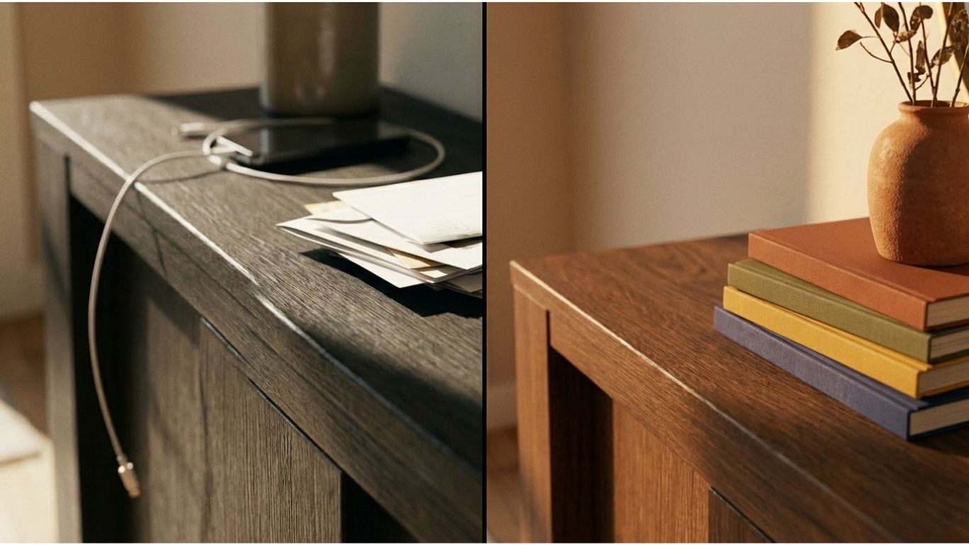 Small apartment storage solutions showing organized wooden console