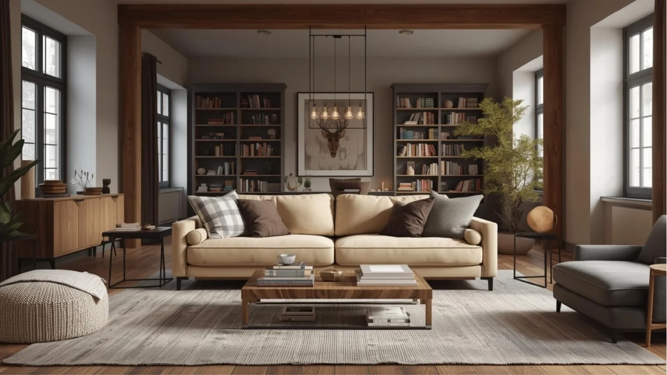 Living room feel cozy with warm lighting, bookshelves, and furniture arranged for conversation