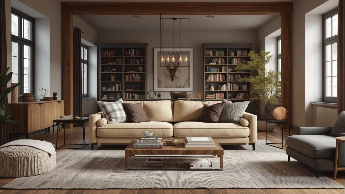 Living room feel cozy with warm lighting, bookshelves, and furniture arranged for conversation