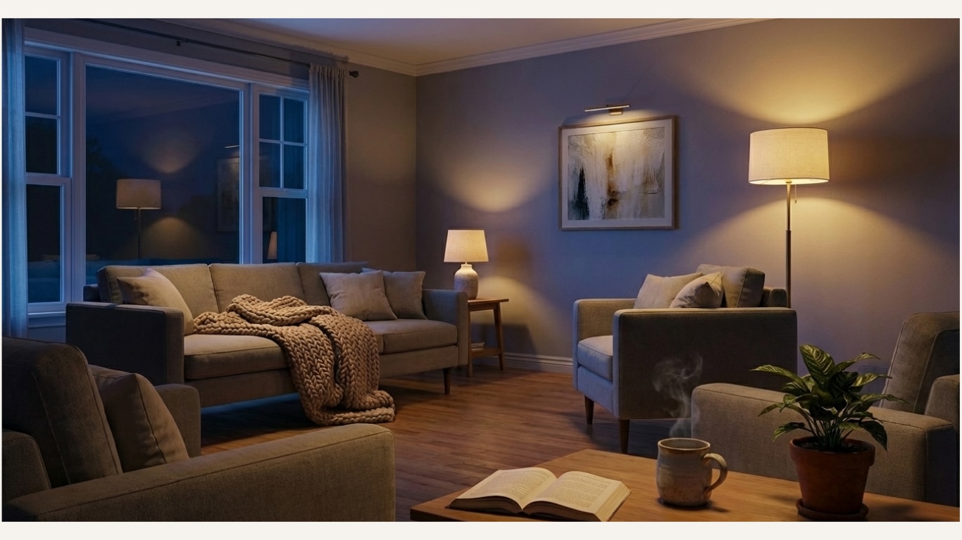 Cozy living room ideas with layered warm lighting and soft shadows for a relaxed evening mood.