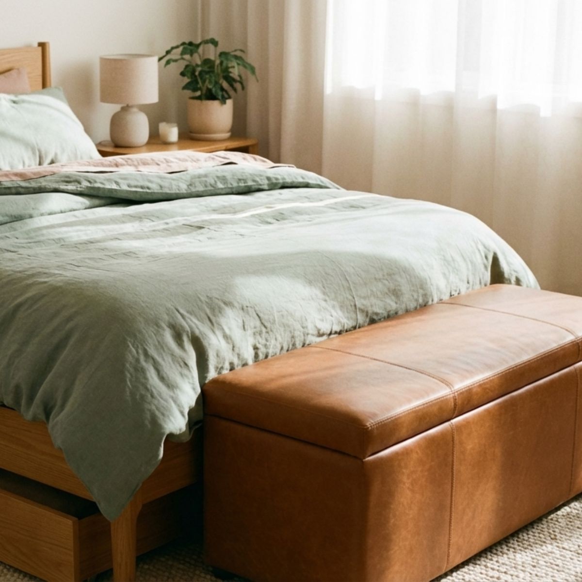 Small apartment storage furniture with neutral linen ottoman