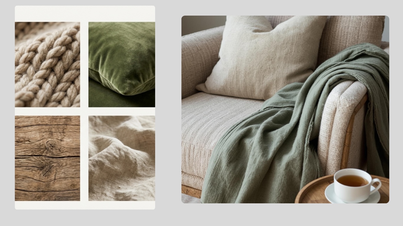 Texture over color cozy living room ideas with linen, knit, and natural materials for warmth.