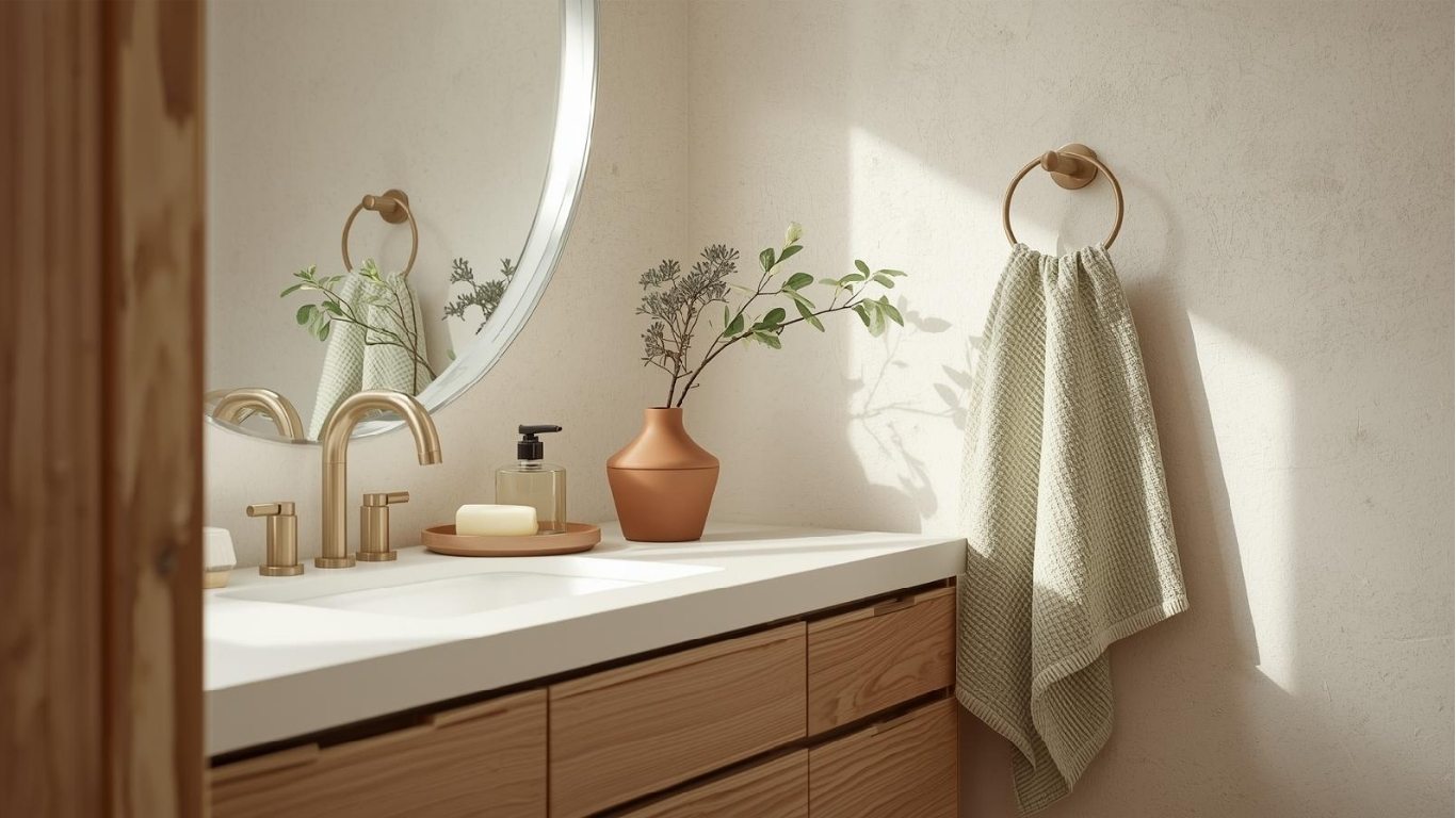 Bathroom organization ideas showing daily essentials on counter tray