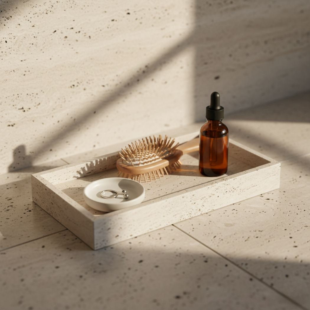 Bathroom counter organization with tray showing daily essentials