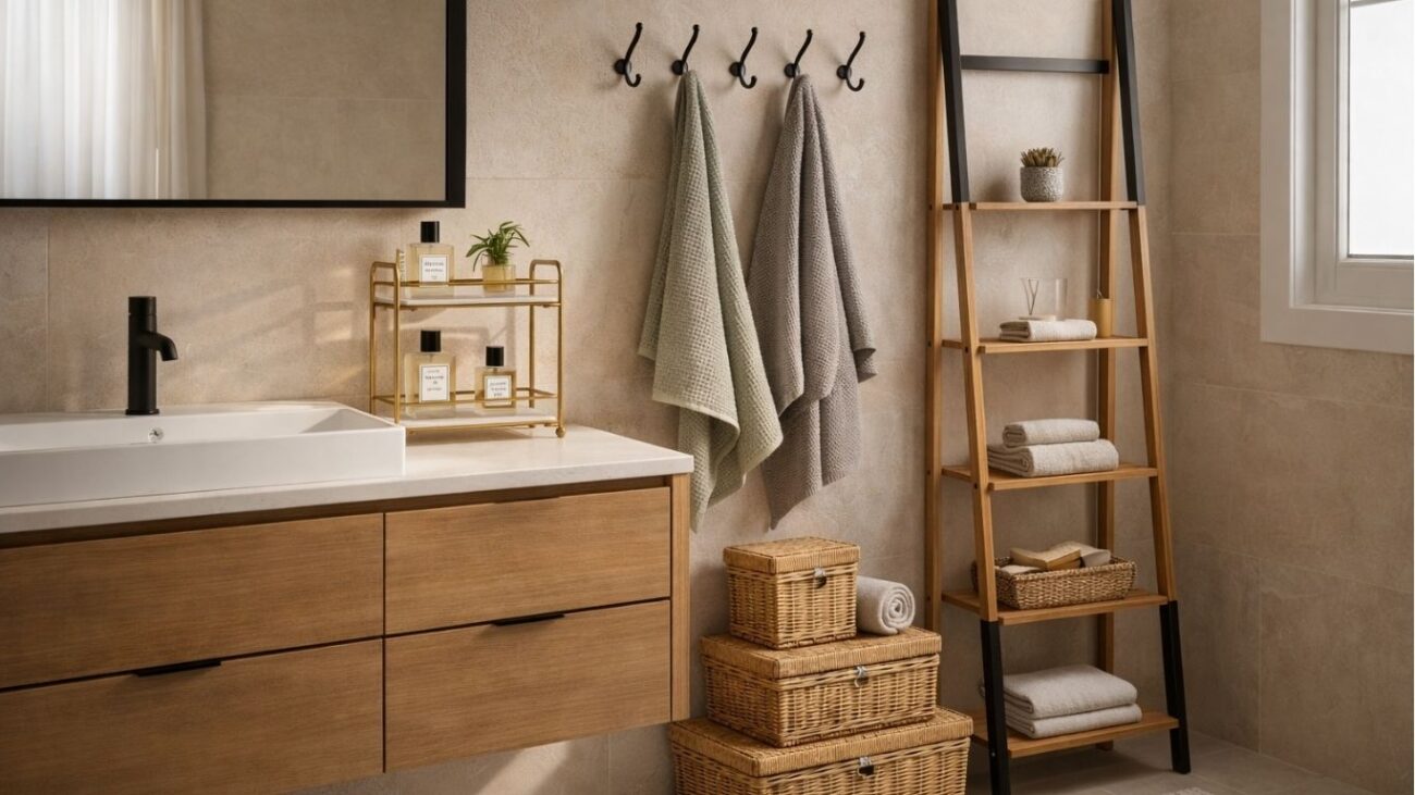 Modern bathroom organization ideas featuring calm storage solutions with woven baskets, ladder shelving, and minimal countertop styling.
