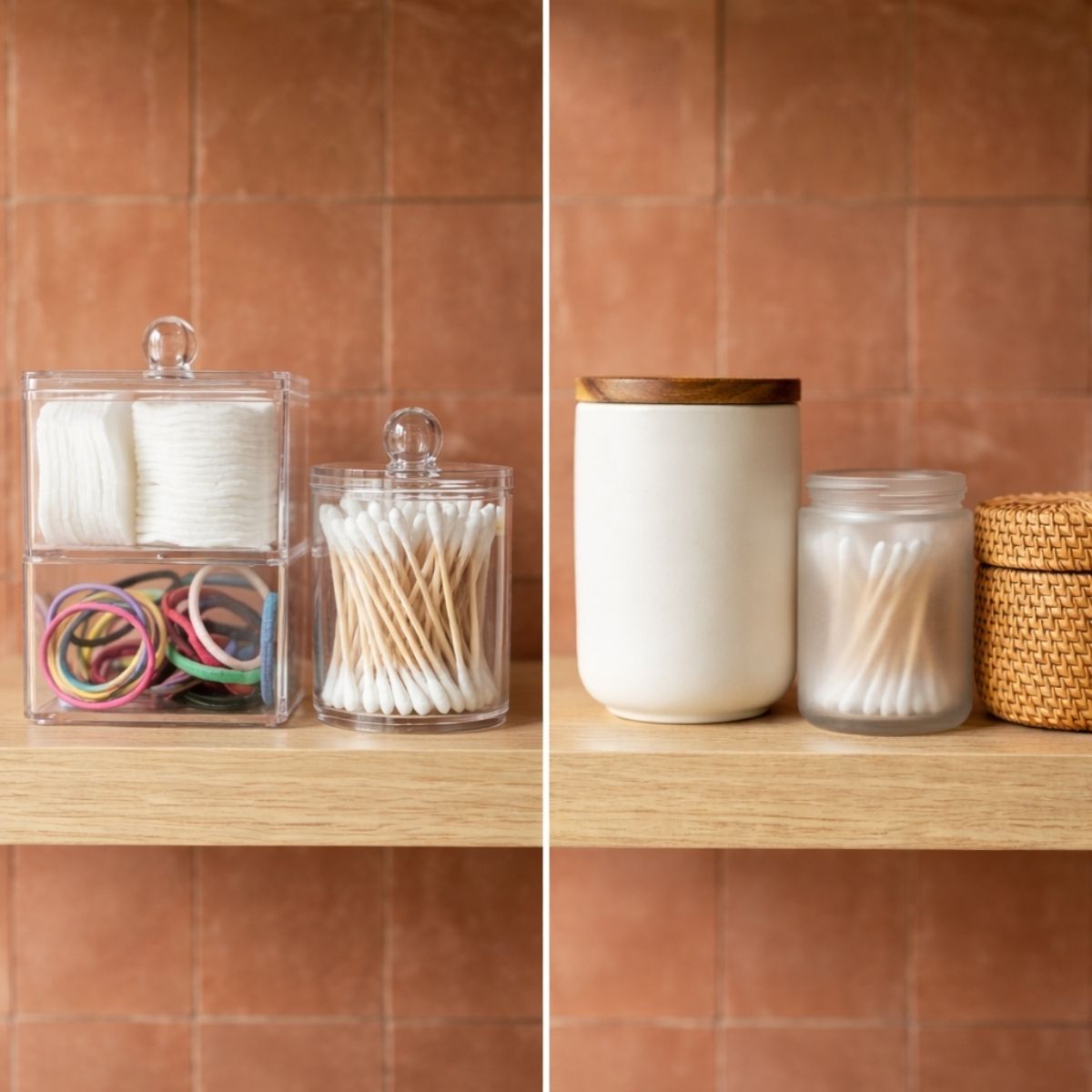 Bathroom organization comparing visual noise versus calm minimalist approach