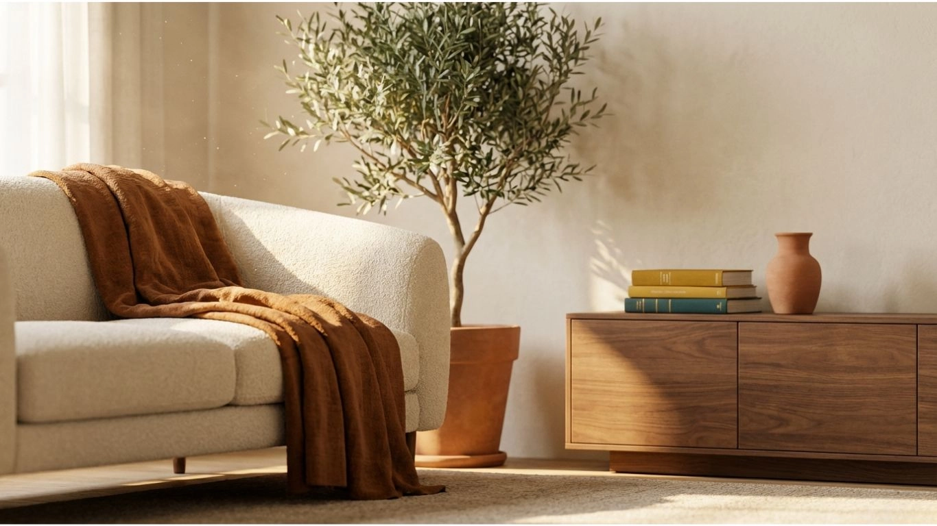 Warm small apartment living room with a wooden storage console, olive tree, and terracotta accents creating an organized yet cozy space