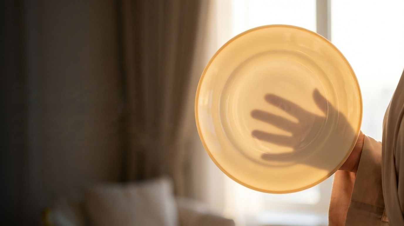 Hand holding bone china plate up to natural light showing translucent warm glow through the material