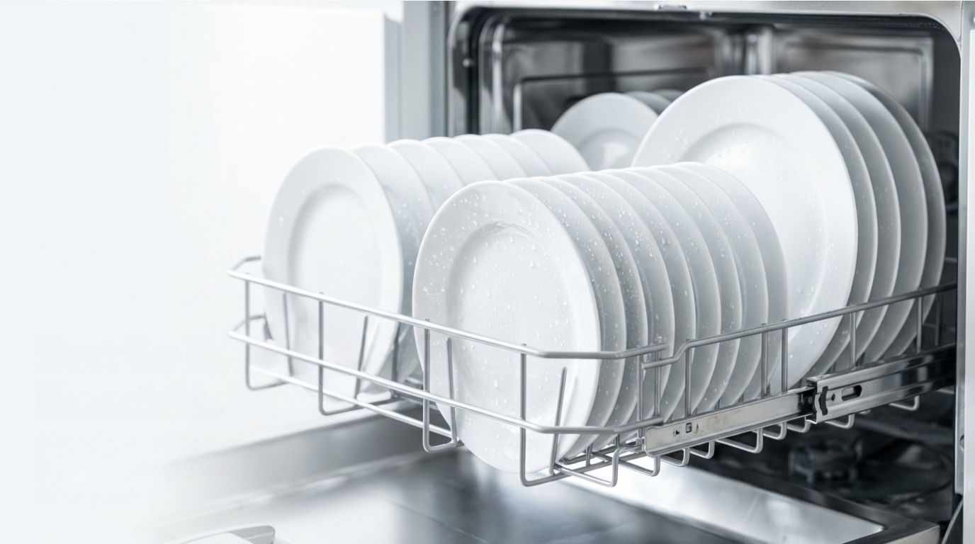 White porcelain plates and bowls loaded in dishwasher rack showing everyday durability
