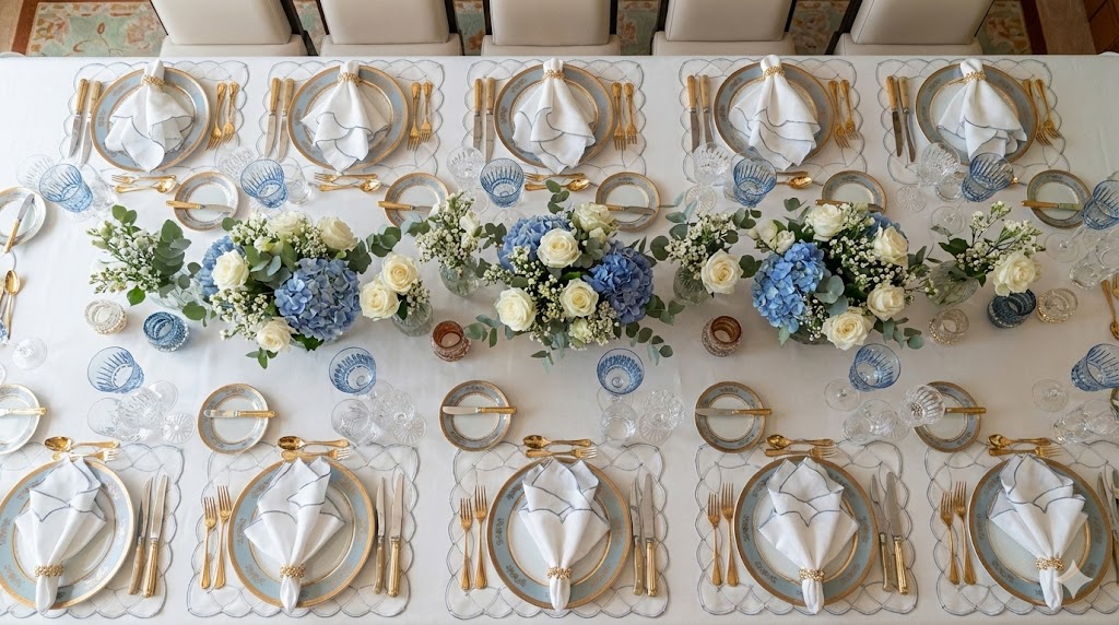 Table setting essentials displayed on an elegant dinner table with hydrangeas, roses, linen napkins, gold flatware and candles.