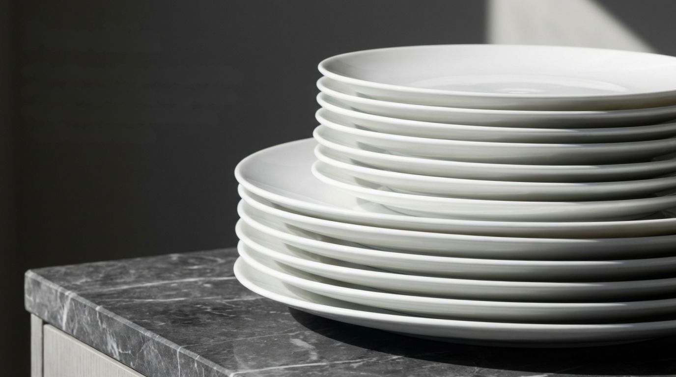 Stack of white porcelain dinner plates on dark marble countertop showing their substantial weight and bright white color