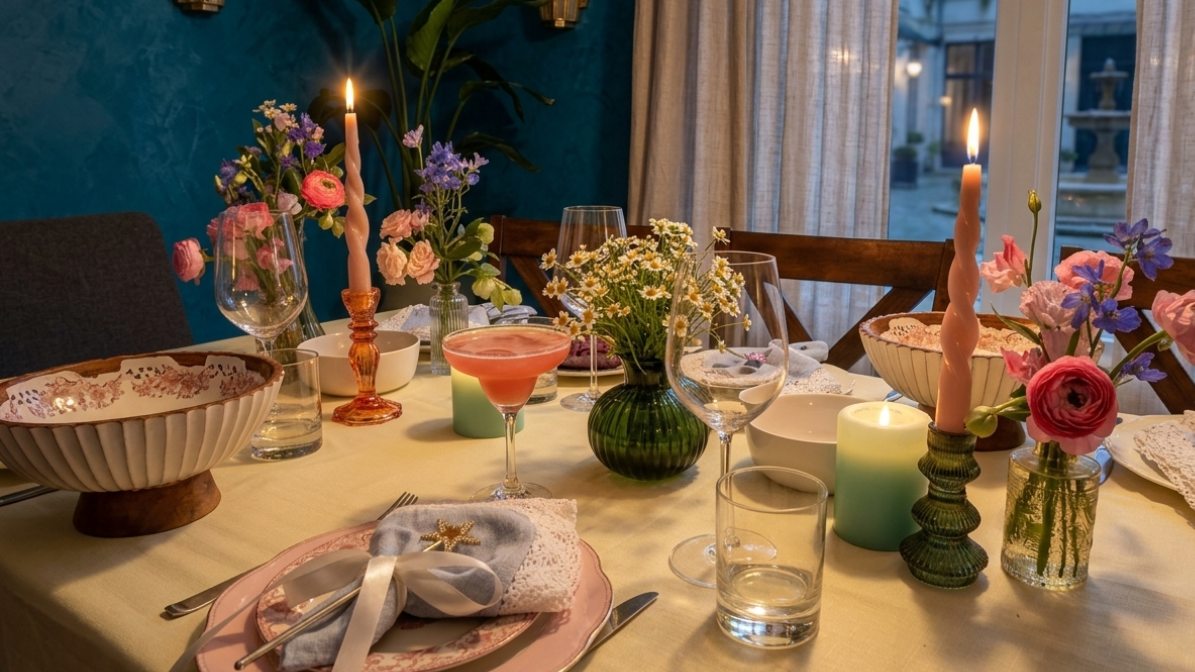 Colorful collected table setting with mixed vases, candles, and layered dinnerware