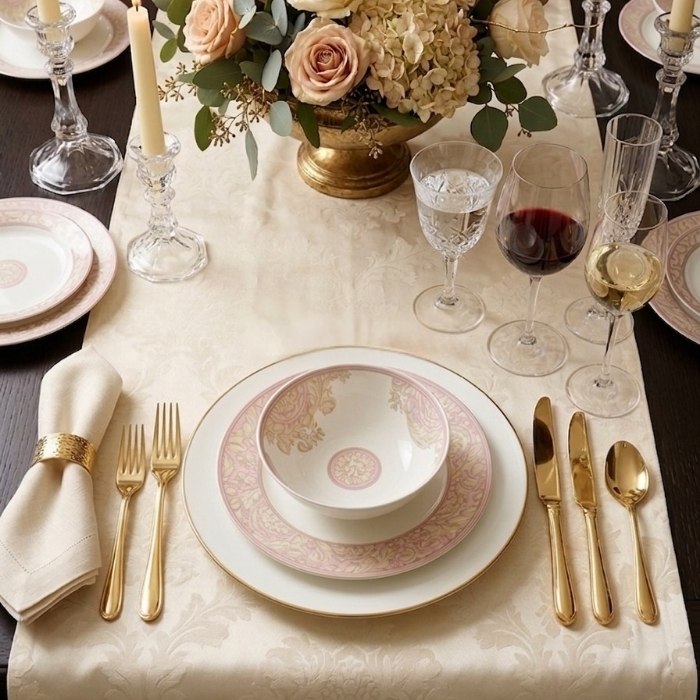 Formal coordinated table setting with gold flatware and patterned china