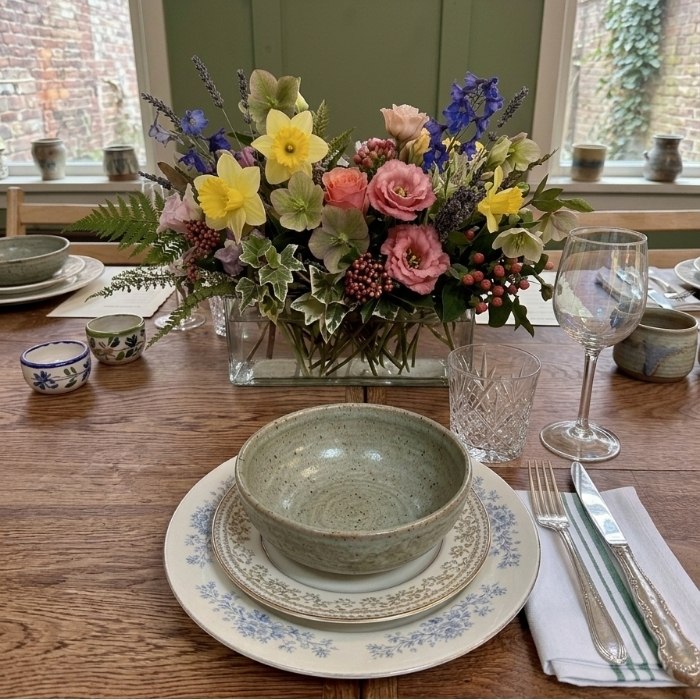 Handmade ceramic bowl on vintage floral plate with spring flowers and mixed glassware