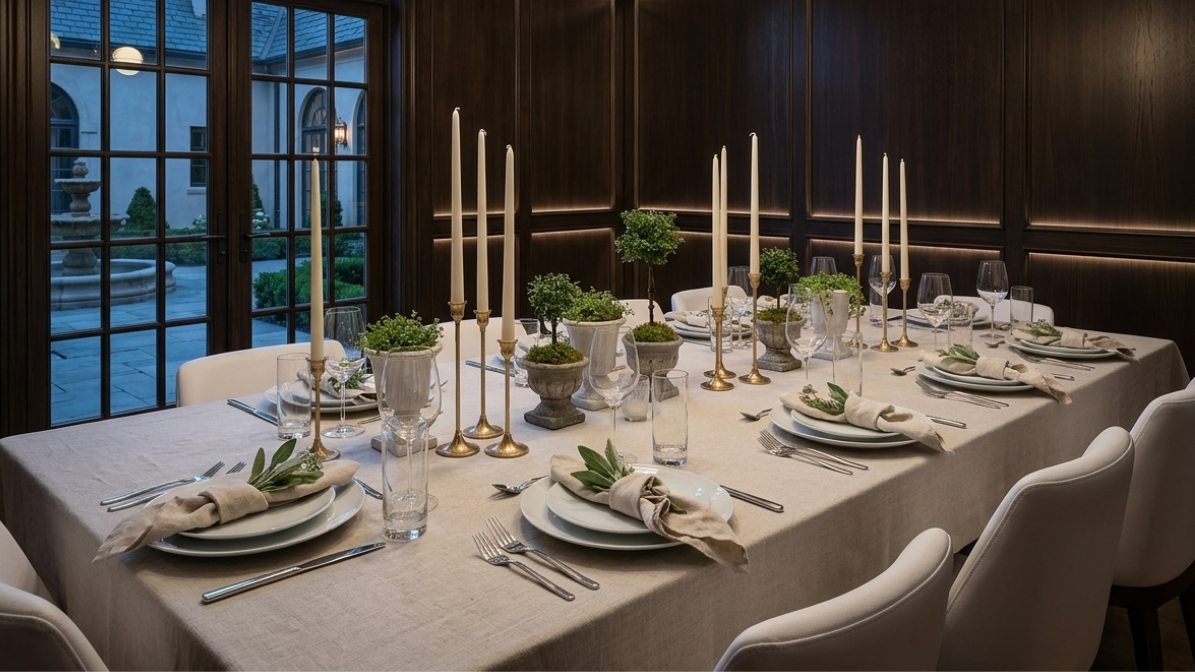 Mix and match dinnerware table setting with linen napkins, candles, and greenery