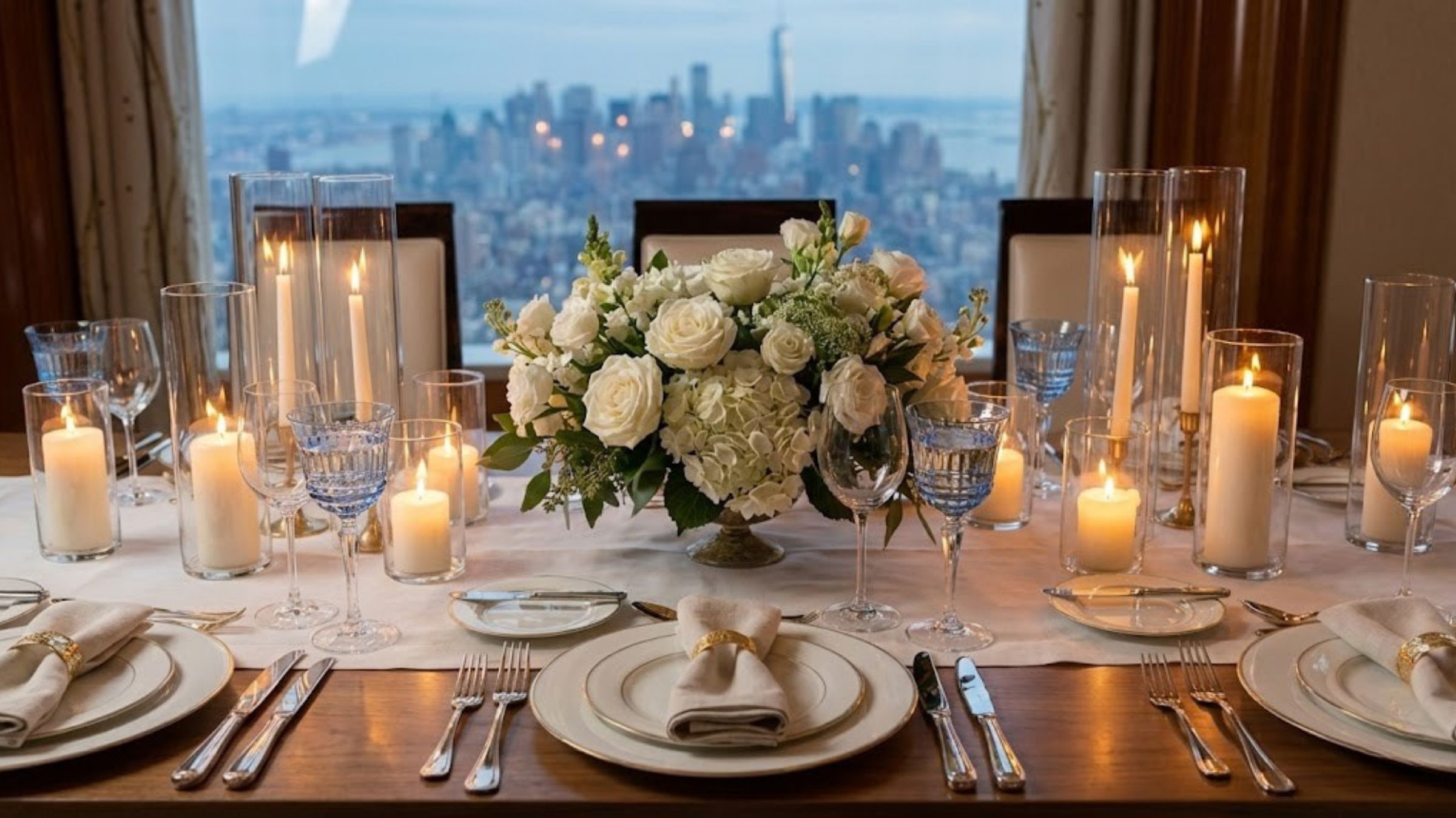 An elegant dinner party table with flowers, candles, and New York skyline views